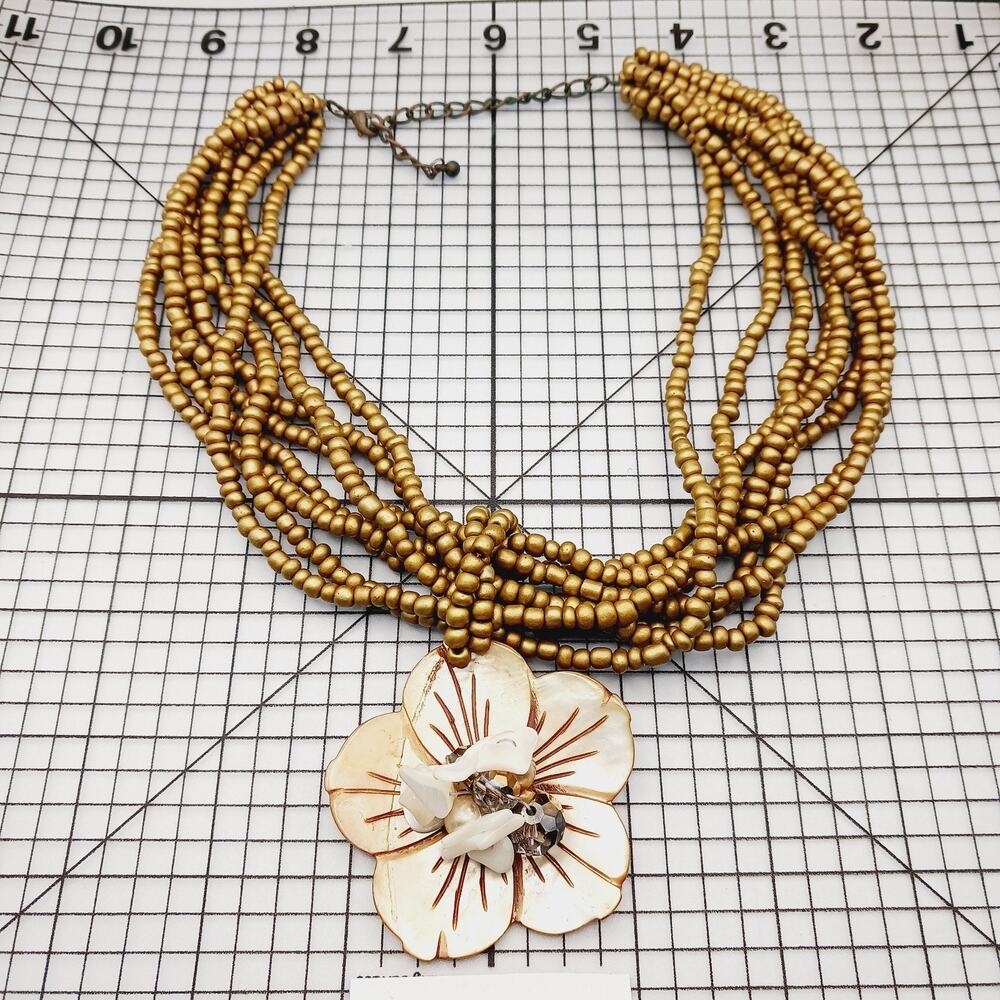 Necklace VTG Multi Strand Seed Bead Shell Flower Pendant Boho Tribal Statement